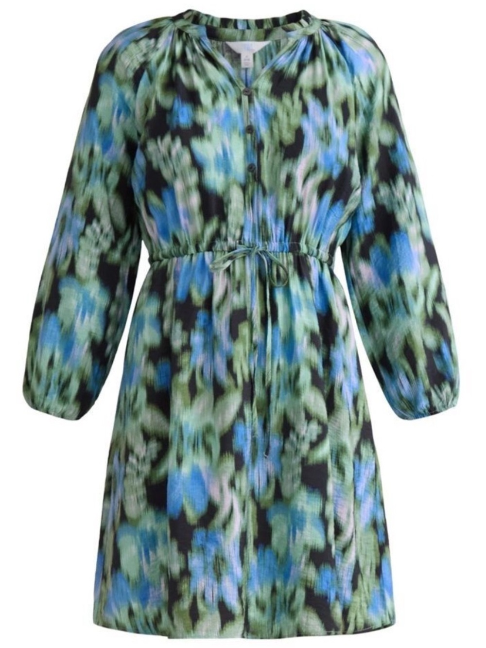 Time and Tru Blue and Green Printed Tie-Waist Long Sleeve Dress